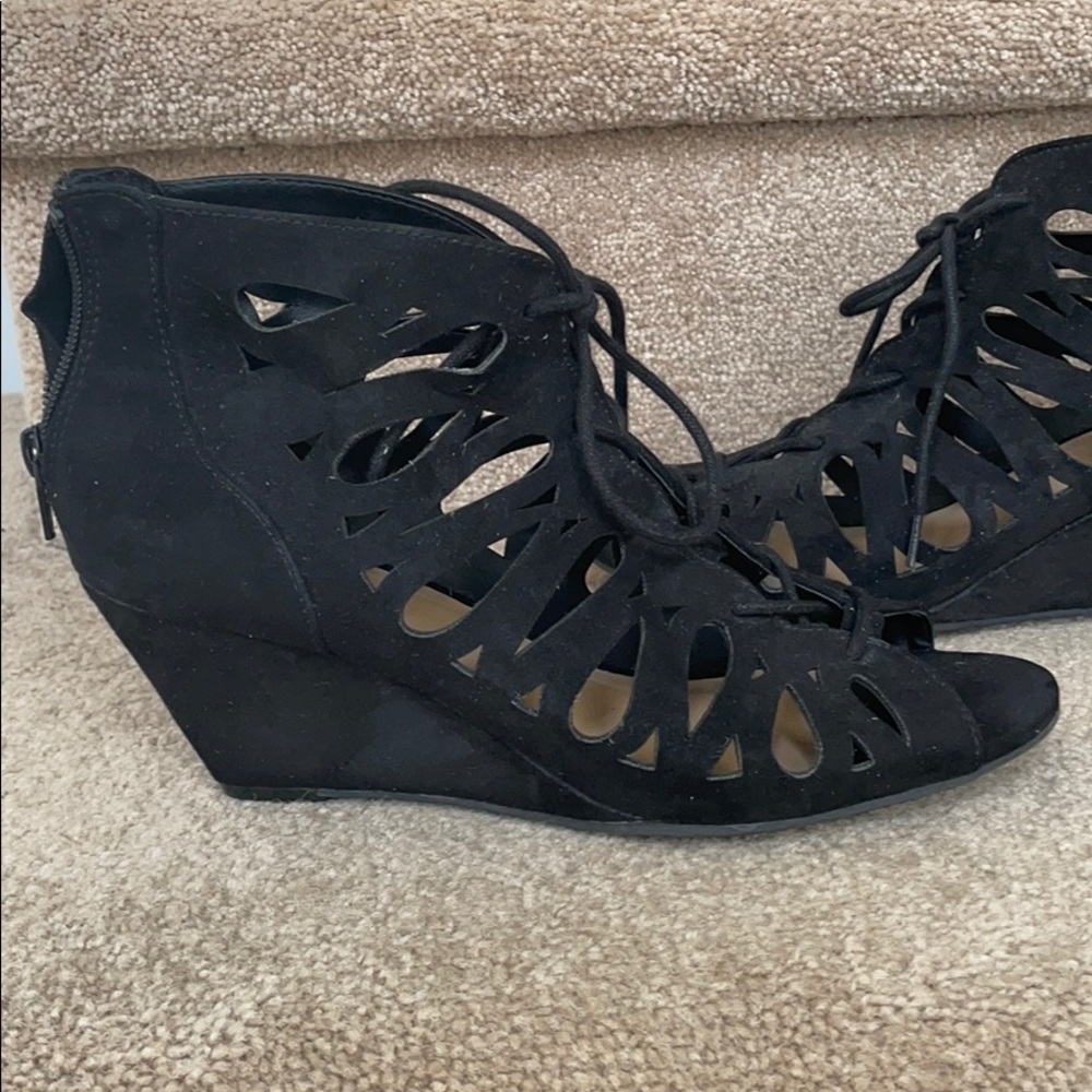 Material Girl black suede cutout wedged heels